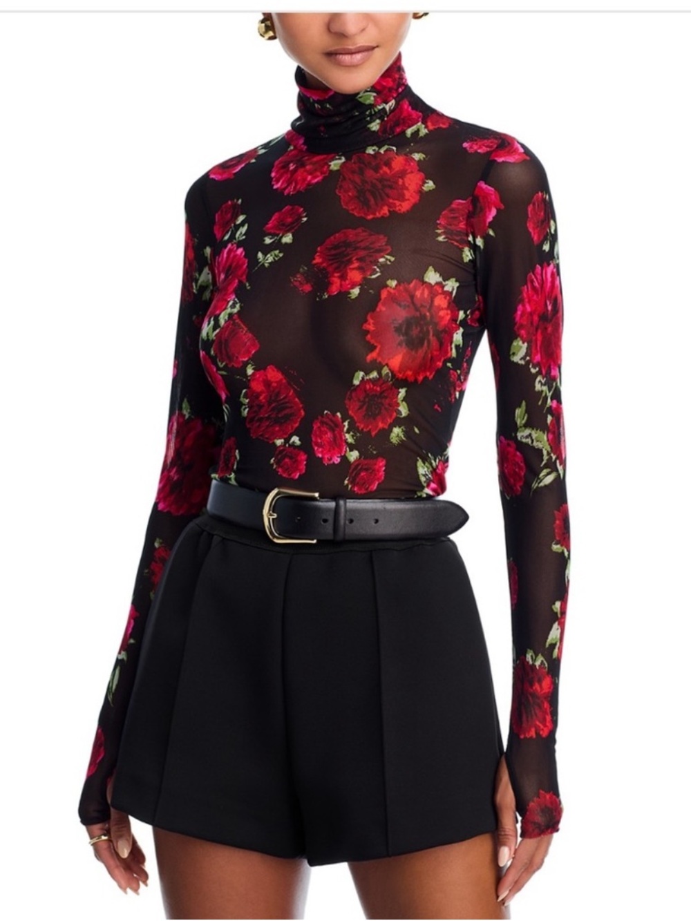 REVOLVE AFRM Black Sheer Long-Sleeve Turtleneck with Red Floral Print